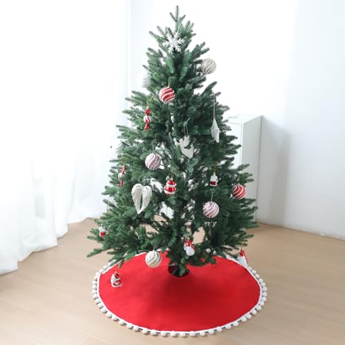 Red Christmas Tree Skirt 48 Inch with Pom Poms - Nonwoven Holiday Decor