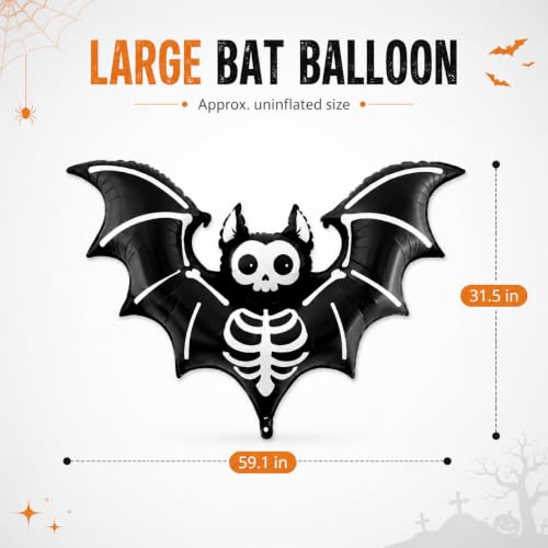 59 Inch Skeleton Bat Foil Balloon - Large Black Halloween Mylar Decor