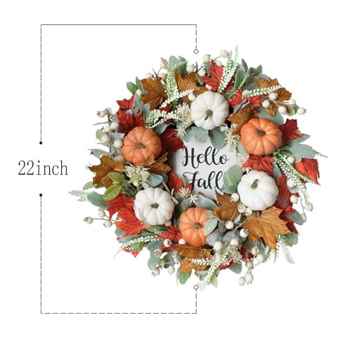 20-Inch Fall Wreath for Front Door - Autumn Maple Leaf Pumpkin Berry with Hello Fall Sign