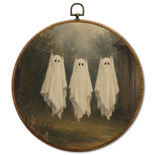 Moody Halloween Ghost Wall Art - Round 10x10in Wall Decor with Little Devil Variation