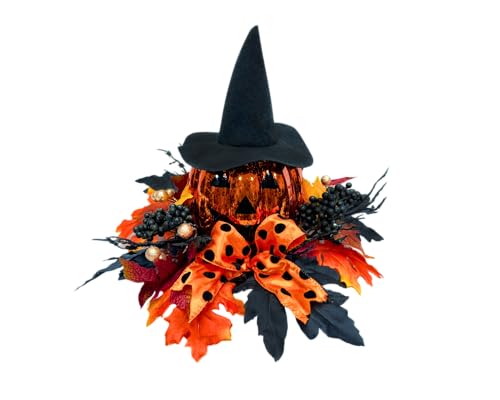 Lighted Halloween Pumpkin Decor with Witch Hat and Bow - 15 Inch Tabletop Fall Decor