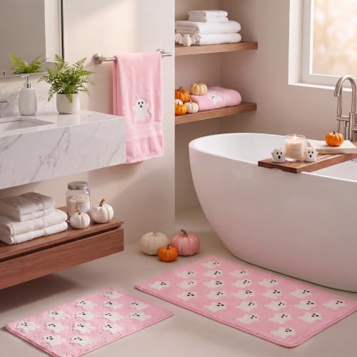 Pink Halloween Ghost Bathroom Rugs and Towels Set - 4 Piece Decor