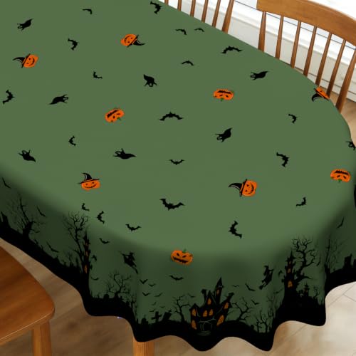 Halloween Oval Tablecloth 54x72 Inches Spider Web Pumpkin Water-Resistant Decor