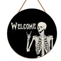 Halloween Wooden Skeleton Sign - Front Door Decor, Rock Gesture & Welcome Text - Skeleton Variation