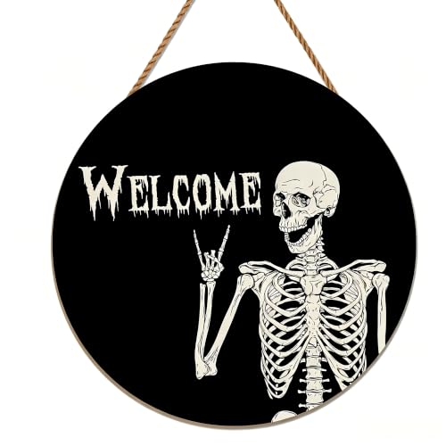 Halloween Wooden Skeleton Sign - Front Door Decor, Rock Gesture & Welcome Text - Skeleton Variation