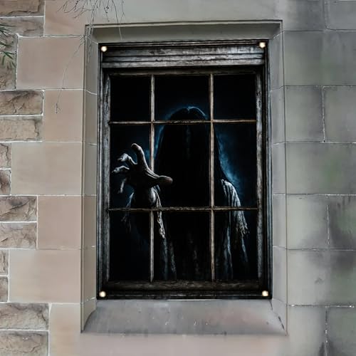 Halloween Window Cover Ghost Girl Horror Decal - Haunted House Outdoor Indoor Decoration 47x31 Inch