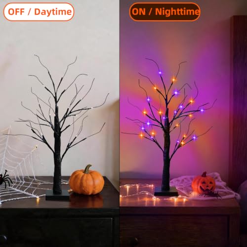 Indoor Halloween Tree Decorations 2 Pack - 24 Inch Black Lighted Trees with Orange & Purple Lights - Variation of Halloween Tree