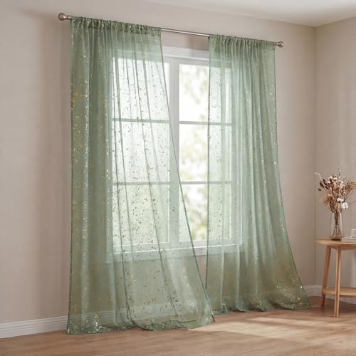 Sage Green Sheer Curtains 52x84in Set of 2 with Gold Sequin Accents - Room Decor