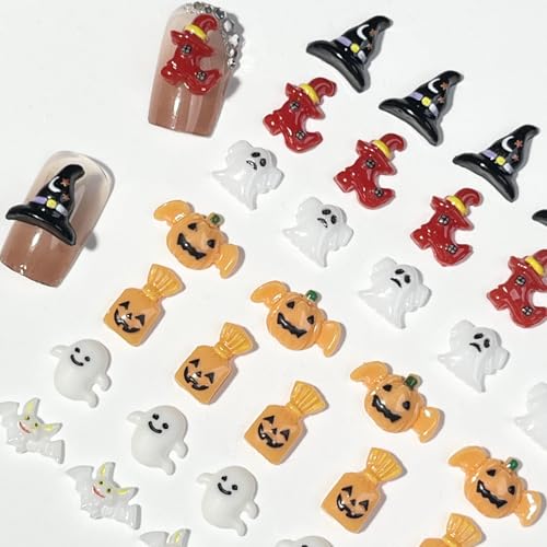 Green Halloween Nail Charms 50Pcs Cute Ghost Pumpkin & Hat Decorations for Nail Art