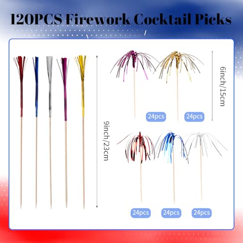 120pcs Firework Cocktail Picks - Purple, Red, Blue, Silver, Gold for Parties