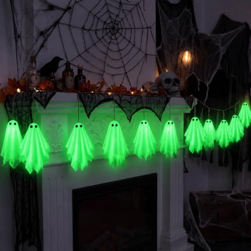 Halloween Hanging Ghost Decorations Set - Glows in the Dark, 24 Pieces