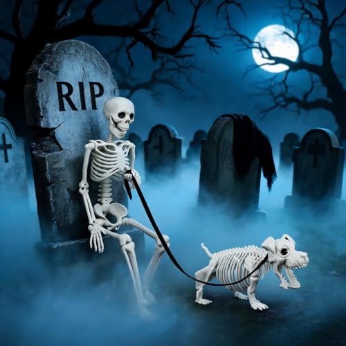 3 FT Human & Dog Skeleton Halloween Decorations Outdoor Indoor Set - Spooky Scene Props
