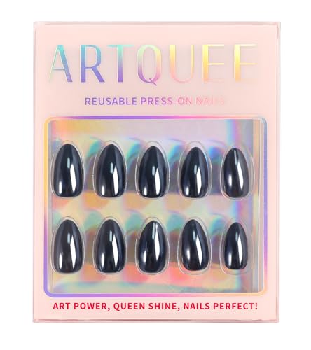 Artquee Black Shine Short Almond Press-On Nails Kit - Reusable Glossy Fake Tips for Women, 32 pcs, 16 Sizes