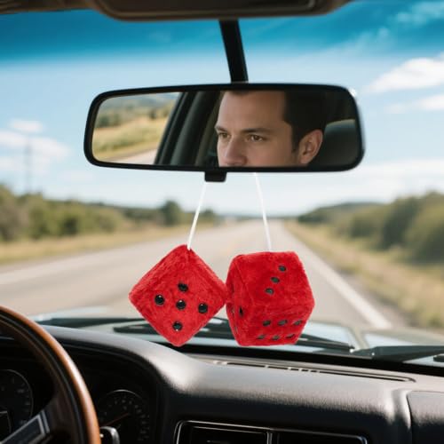 Red Fuzzy Dice Plush Car Hanging Ornament - Stylish Interior Decor