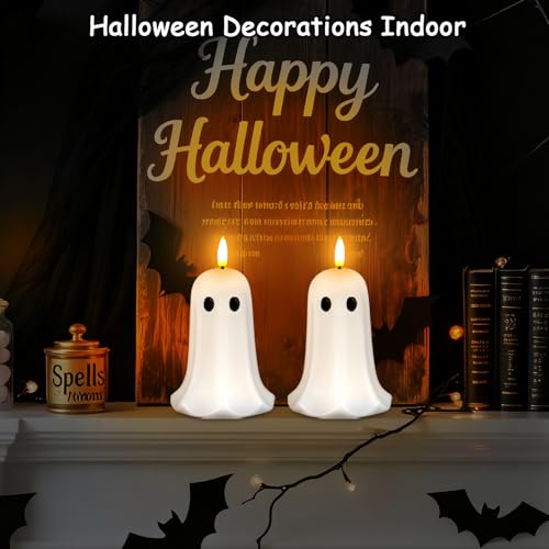 Halloween Ghost Candle Lights 2pcs with Remote - Flameless LED Ghosts with Timer, Indoor Outdoor Spooky Decorations