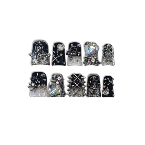 Short Duck Press On Nails Black with Skull and Studs - L Variation