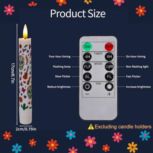 2 Pack Dia De Los Muertos Flameless Candles with Timer Remote - Skeleton & Flower Design