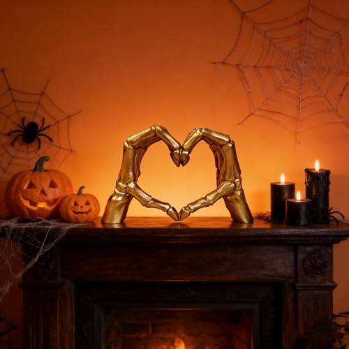 Gold Skeleton Hands Heart Gesture Statue - Love Sculpture Decor for Shelf or Desk