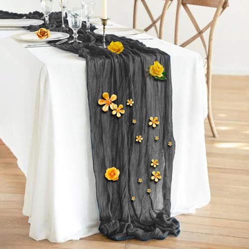 Black 35x120 Inch Boho Cheesecloth Table Runner - 4 Pack for Wedding & Party Decor