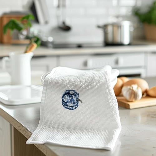 Blue Ghost Chinoiserie Fall Pumpkin Kitchen Towels Set of 2 - Halloween Decor