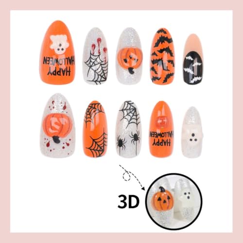 Medium Almond 3D Pumpkin Ghost Spider Halloween Press-On Nails - Color42