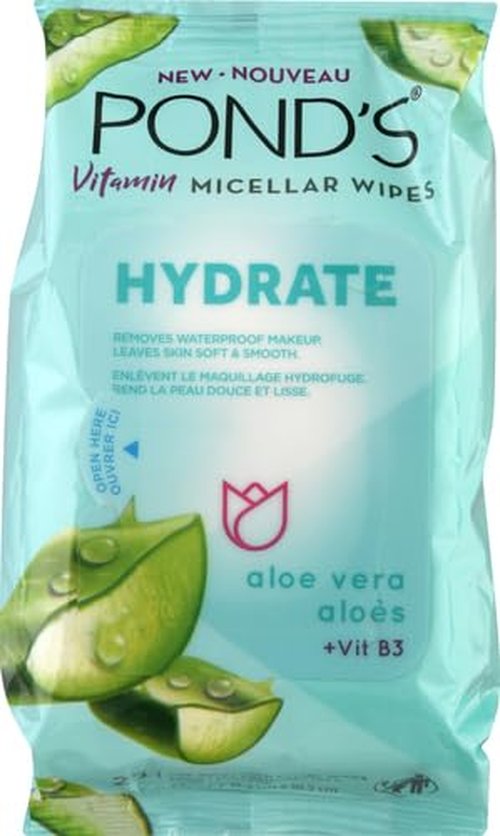 Pond's Vitamin Micellar Wipes - Hydrating Aloe Vera for Dry Skin | Removes Waterproof Makeup, 25 Wipes (Pack of 2)