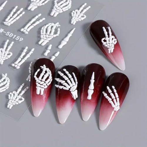 Halloween Skull Nail Art Stickers 5D Embossed Skeleton Decals for Nails - White