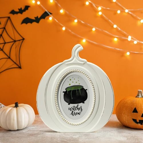 Halloween Pumpkin Picture Frame 5x7 White with Gold Beading - Fall Decor, Wall & Tabletop