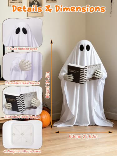 Standing Reading Ghost Halloween Decoration with Lights - 80cm Whimsical Ghost with Book & 8 Lighting Modes - Battery Operated, Weighted Base, Remote Control