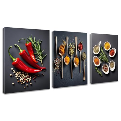 Colorful Spice Seasoning Wall Art Prints - Set of 3 Canvas Kitchen Decor 12x16 Inch Framed