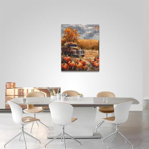 Fall Pumpkin Truck Wall Art Canvas - Farmhouse Autumn Decor for Bedroom & Living Room - 20x16