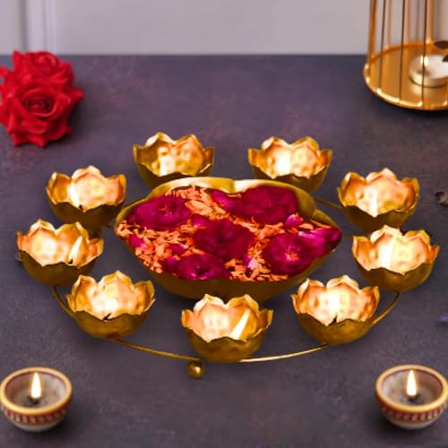 Handcrafted Golden Metal Diya Holder with Central Bowl - 9 Wick Festival Decor