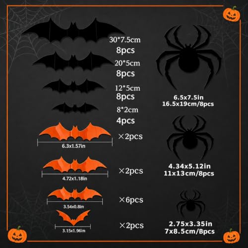Halloween Wall Stickers - 64PCS 3D Bats & Spiders Reusable Waterproof Decals - Color 1