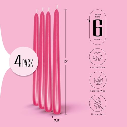 Hot Pink Taper Candles 4 Pack - 10 Inch Unscented Birthday & Party Decor