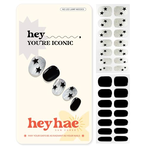 Heyhae Semi Cured Gel Nail Strips - You're Iconic Starry Night Design - Sun & UV Cure, Edgy Nail Wraps, 28 Strips with Tools