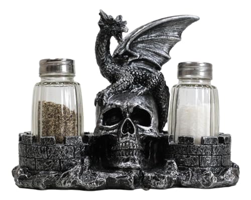 Gothic Dragon Salt and Pepper Shaker Set with Skull and Castle Decor