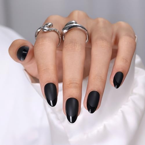 ShangMeng Matte Black Press On Nails with Glossy French Tips, Short Almond Shape, 32 Pieces