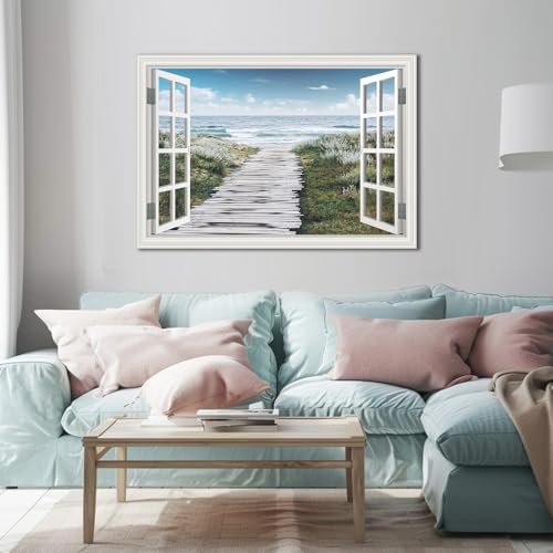 Large Beach Flower Path Ocean Canvas Wall Art - 48x32 Inch Coastal Seascape Painting