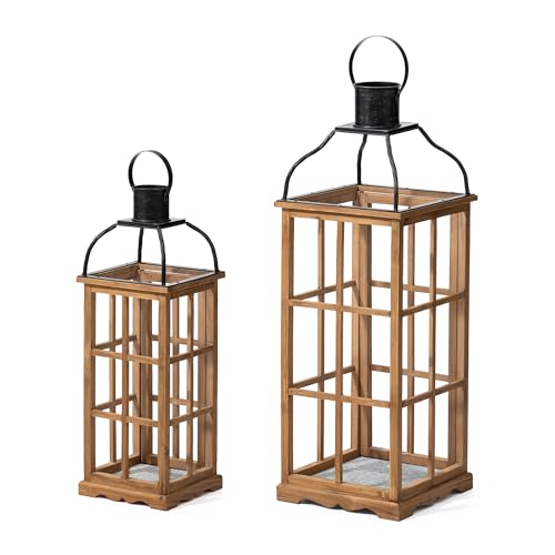 Natural Wood & Black Metal Farmhouse Candle Lanterns Set of 2 - 25 & 18.75 Inches