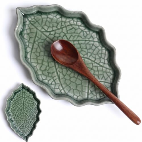 Green Leaf Ceramic Spoon Rest with Ice Crackle Pattern - Kitchen Counter Decor, 1 Piece