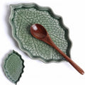 Green Leaf Ceramic Spoon Rest with Ice Crackle Pattern - Kitchen Counter Decor, 1 Piece