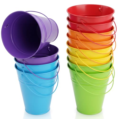 Rainbow Metal Buckets Set of 12 - 6.4 x 3.5 x 7 Inch Mini Pails for Party Decor