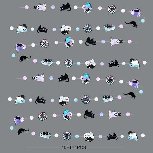Iridescent Ghost Black Cat Halloween Decorations Holographic Garland Banner - Iridescent Ghost Design