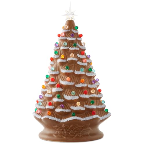 Brown Hand Painted Ceramic Christmas Tree - 18 Inch Pre-Lit Holiday Decor with Multi Color Lights & Star Toppers