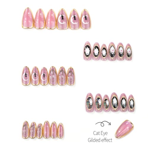 Halloween Press On Nails Set - Medium Almond Fake Nails with Ghost Skull Cat Moon Design, Glitter, Style11