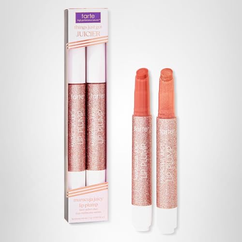 tarte maracuja juicy lip plump bestsellers duo – Hydrating Volumizing Shimmer Lip Plumper Balm, Plumps & Moisturizes, Vegan & Cruelty-Free, full size, dahlia & rosy copper shimmer glass