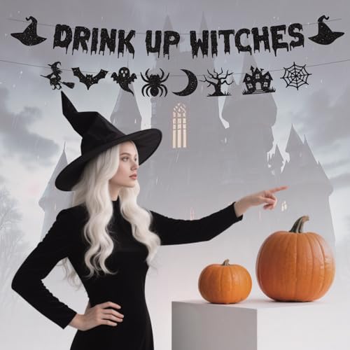 Halloween Witch Banner Garland - 2Pcs Glitter Black Witch Party Decorations with Variation: Black
