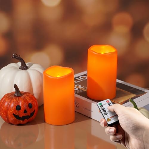 Orange Flameless Waterproof Candles 3x5 Inches, LED Pillar Lights, 2 Pack