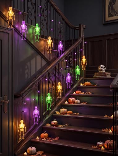 Skeleton Lights Halloween Skull String Lights - 7Ft Outdoor Purple & Orange LED Curtain with Variation