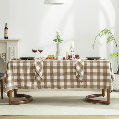 Everly Linen Tablecloth 60x120 Inches Brown Plaid Rectangular For Dining & Events